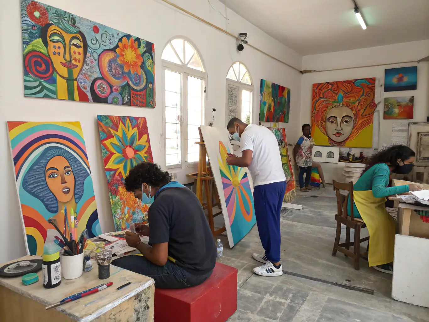 A vibrant, colorful studio space filled with art supplies and creative tools, designed to inspire artists and creators.
