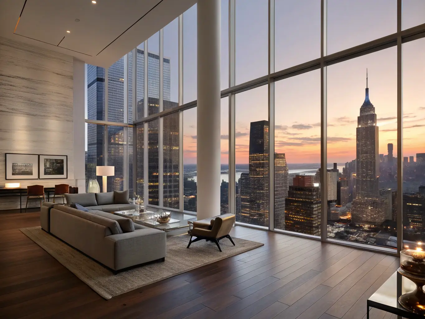 A modern, minimalist loft with large windows overlooking a cityscape, bathed in natural light, showcasing its versatility as a creative workspace.