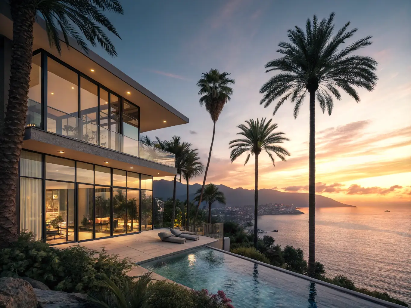A luxurious villa with a private infinity pool overlooking the ocean at sunset, emphasizing its exclusivity and relaxation.