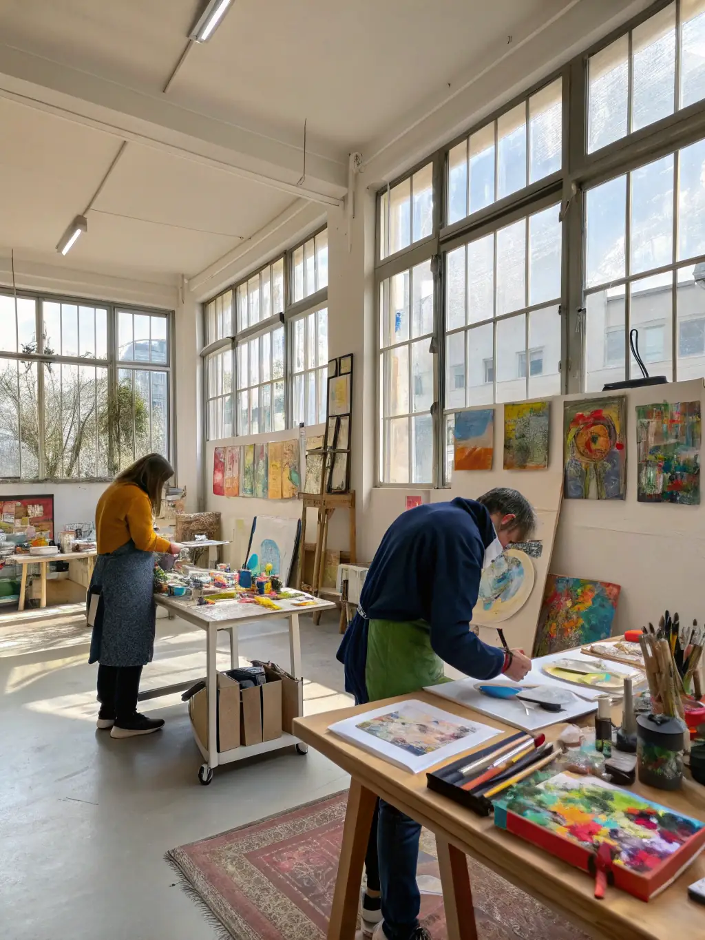 A creative studio with exposed brick walls, large windows providing natural light, and a variety of art supplies and equipment for creative projects.