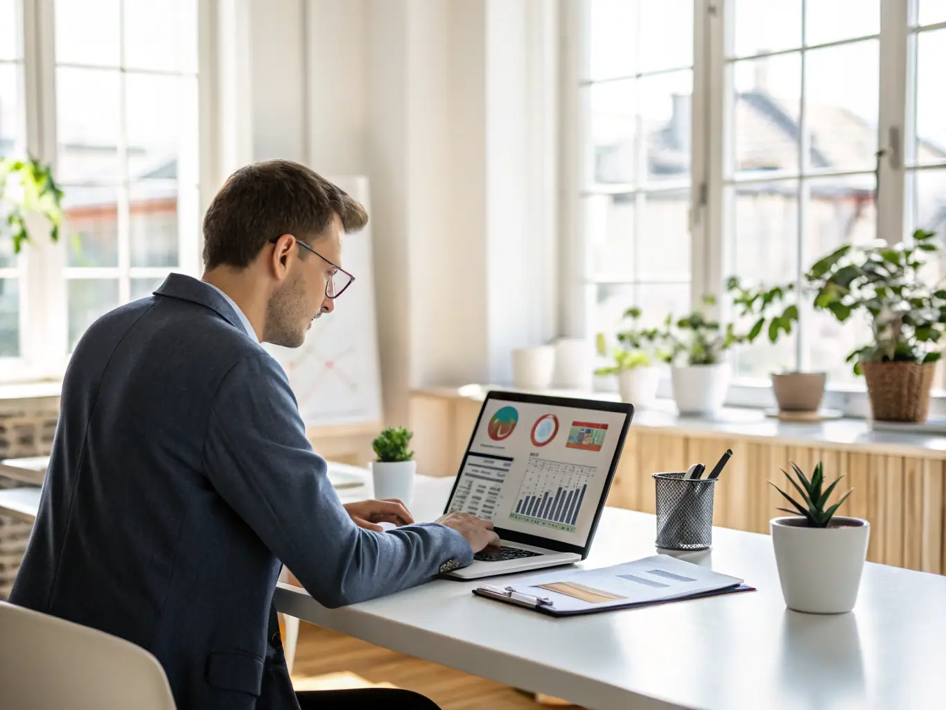 A person using a laptop with charts and graphs displayed on the screen, representing the data-driven insights and resources provided by the Spixy Host Partner Program.