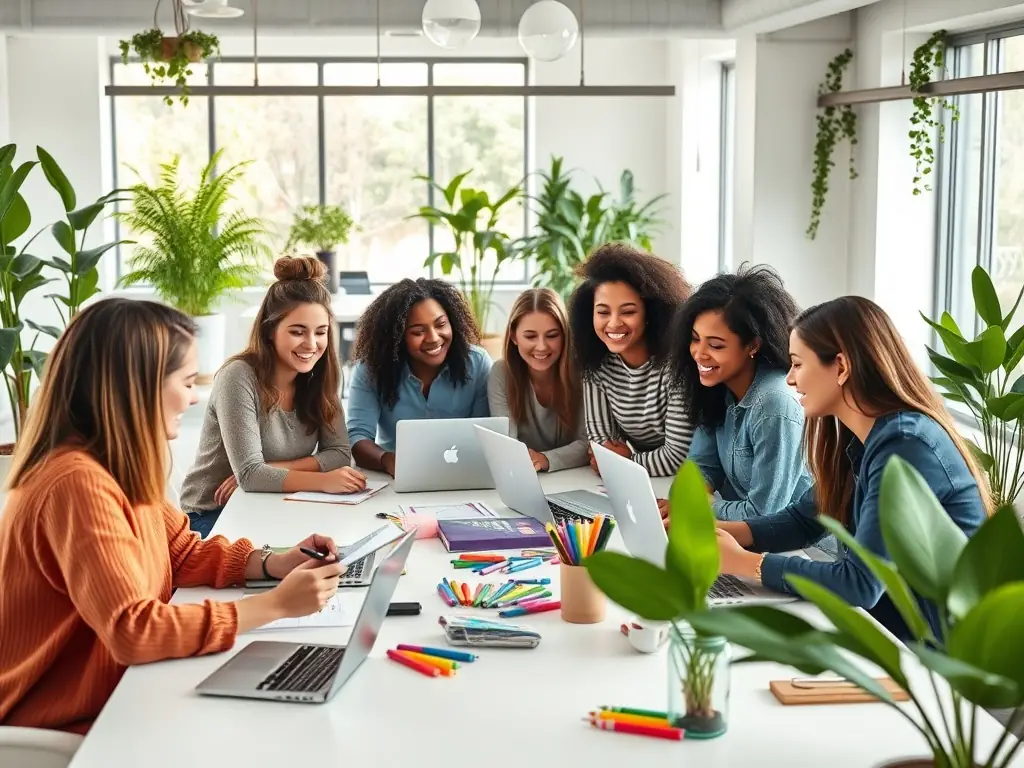 A vibrant image showcasing a diverse group of influencers collaborating at a Spixy-listed property, such as a modern loft with city views, emphasizing teamwork and creative synergy.
