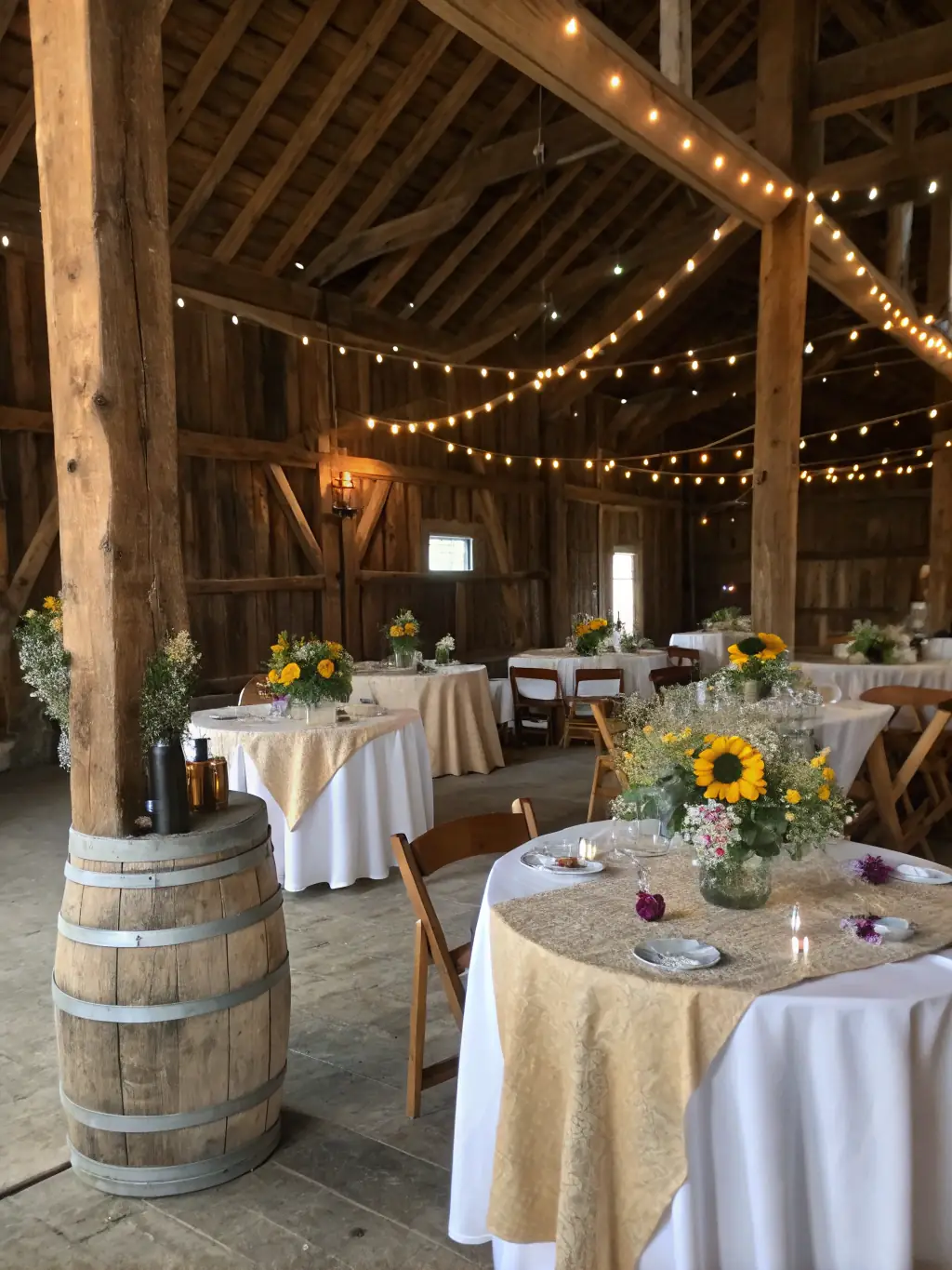 A unique event venue with a rustic-chic design, featuring wooden beams, vintage furniture, and a spacious layout for hosting memorable gatherings.