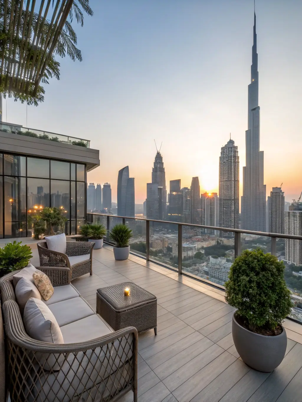 A modern rooftop terrace with city skyline views at sunset, featuring stylish lounge furniture and ambient lighting, perfect for an exclusive event.