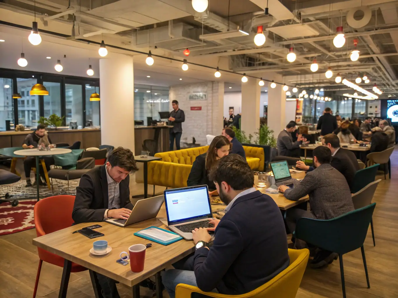 A vibrant, sunlit co-working space filled with diverse individuals collaborating on laptops and engaging in discussions, symbolizing the supportive community aspect of the Spixy Host Partner Program.