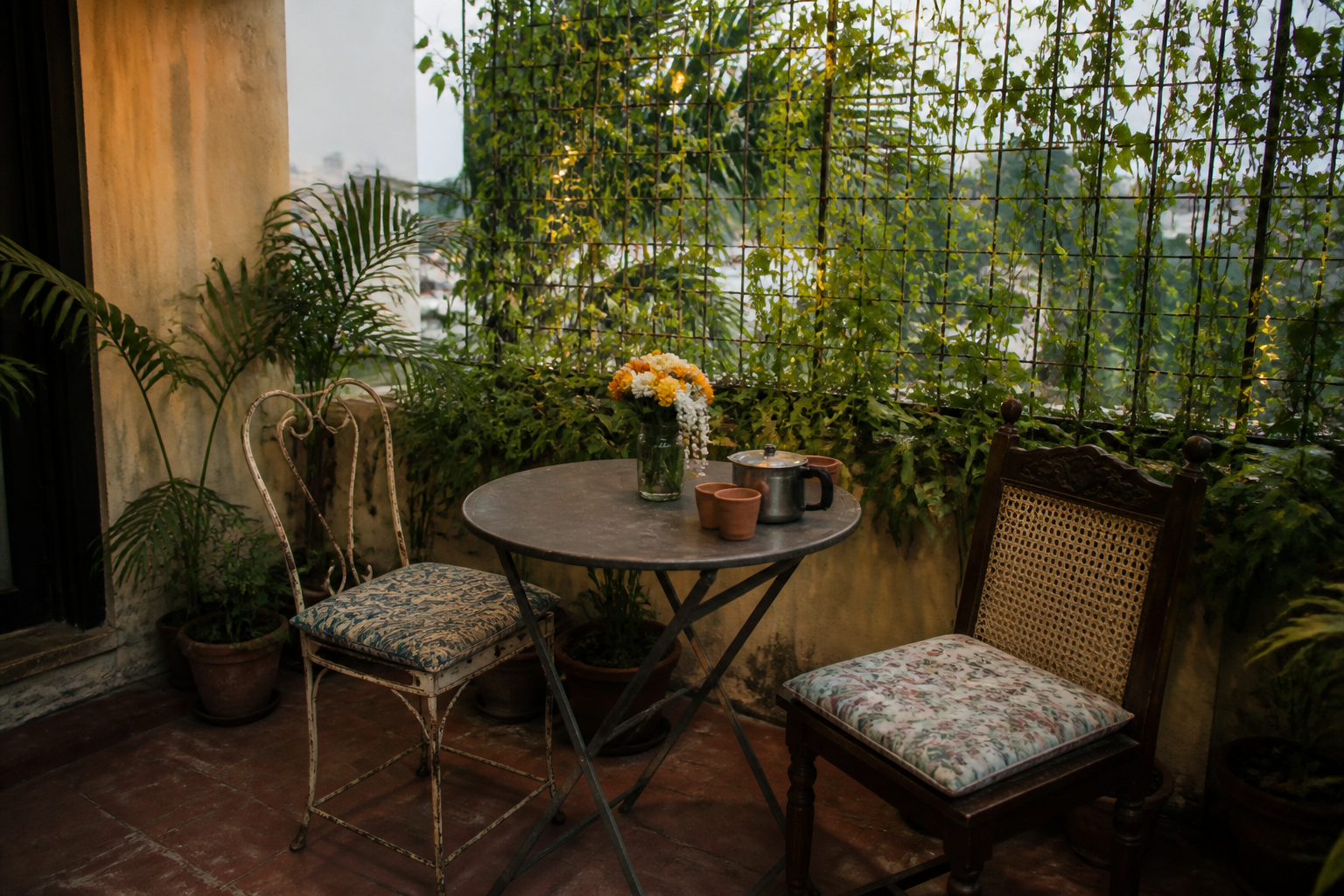 Garden date setup hosted on Spixy with fairy lights and cushions